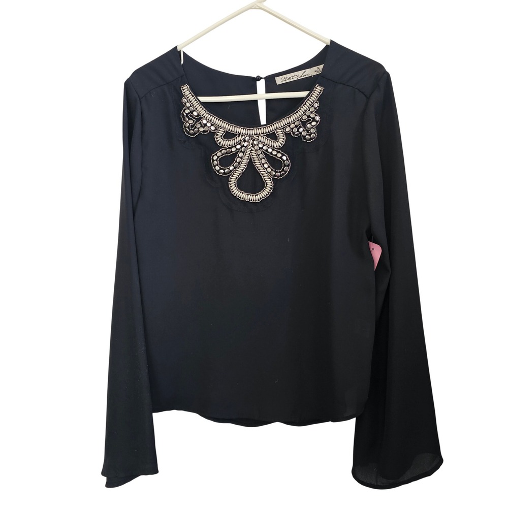 Liberty Love Black Beaded Embellished Bell Sleeve Blouse Top Women's M